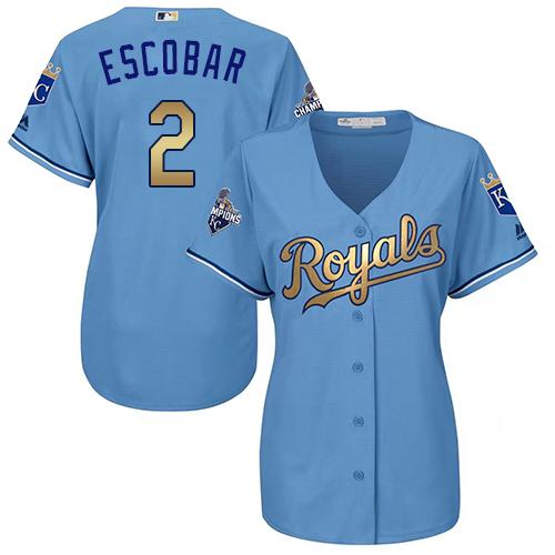 Royals #2 Alcides Escobar Light Blue Women's 2015 World Series Champions Gold Program Cool Base Stitched MLB Jersey